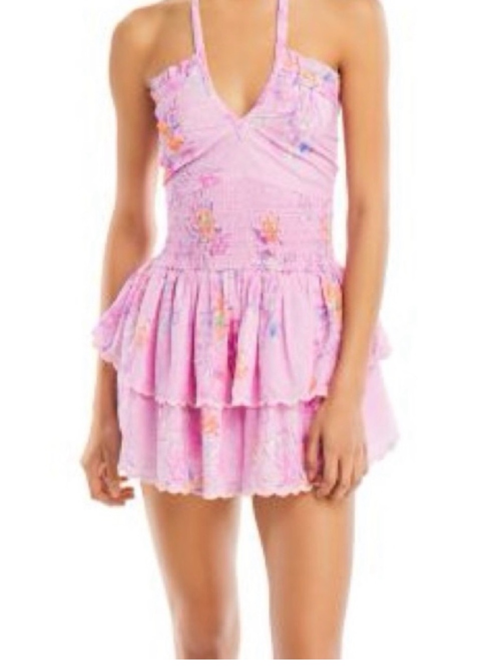 LoveShackFancy Pink Floral Tiered Mini Dress